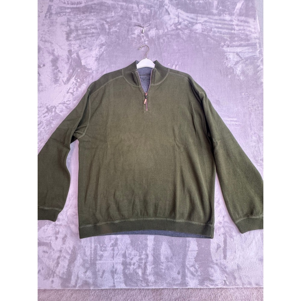 Tommy‎ Bahama Mens Olive Green 100% Cotton Quarter Zip Pullover Sweater Large